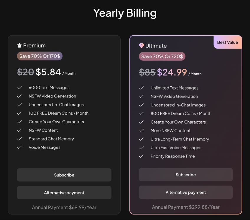 mydreamcompanion yearly billing