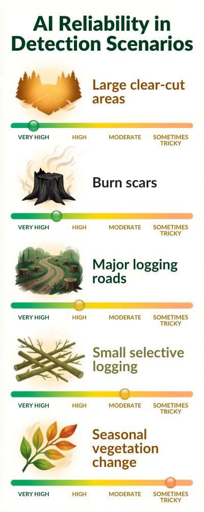 AI Detection Reliability Infographic - Forest Scenarios